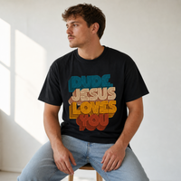 Load image into Gallery viewer, Dude, Jesus Loves You Retro Tee (Front Print)